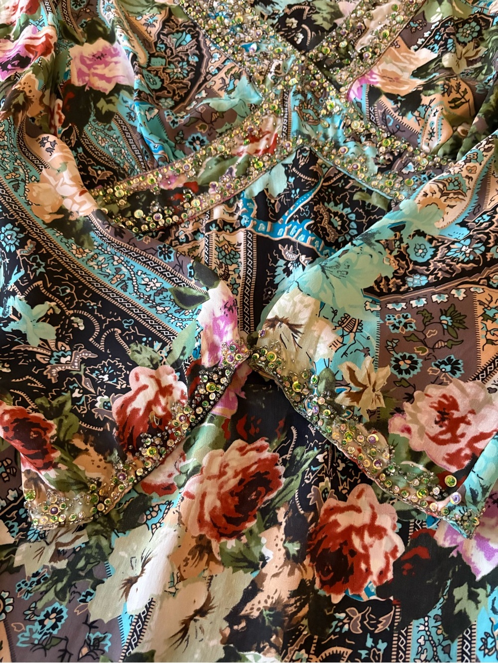 ECI Woman Teal, Black & Pink Floral Print Silk Top - Picture 10 of 16